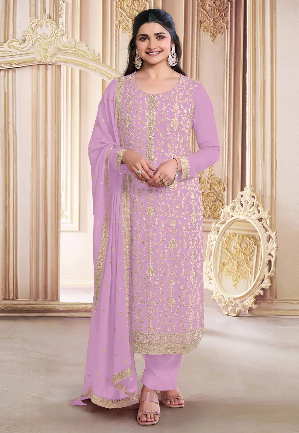 Light Purple Faux Georgette Embroidered Straight Suit 297084