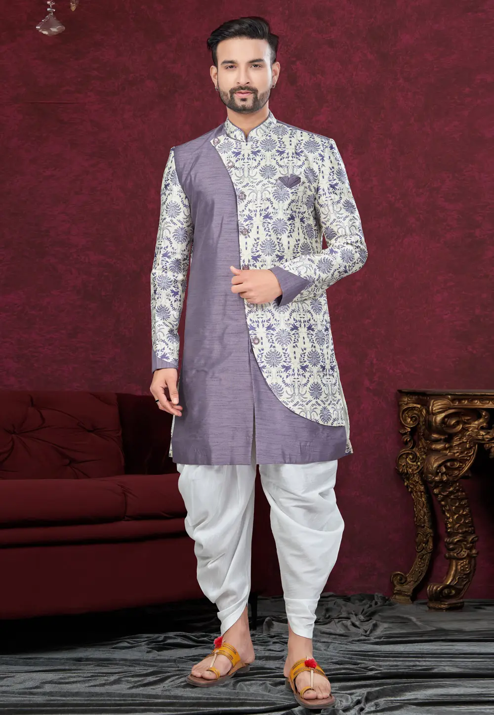 Light Purple Jacquard Silk Indo Western Suit 295617