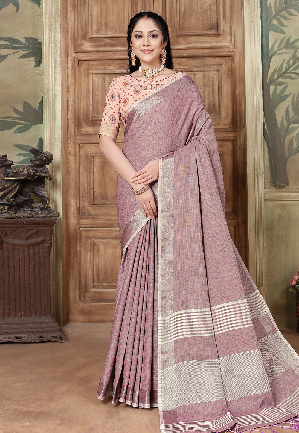 Light Purple Linen Saree With Blouse 279762