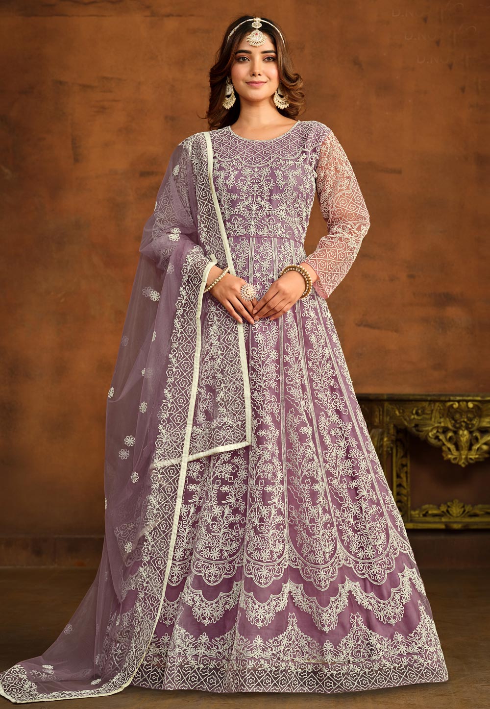 Light Purple Net Embroidered Anarkali Suit 280046
