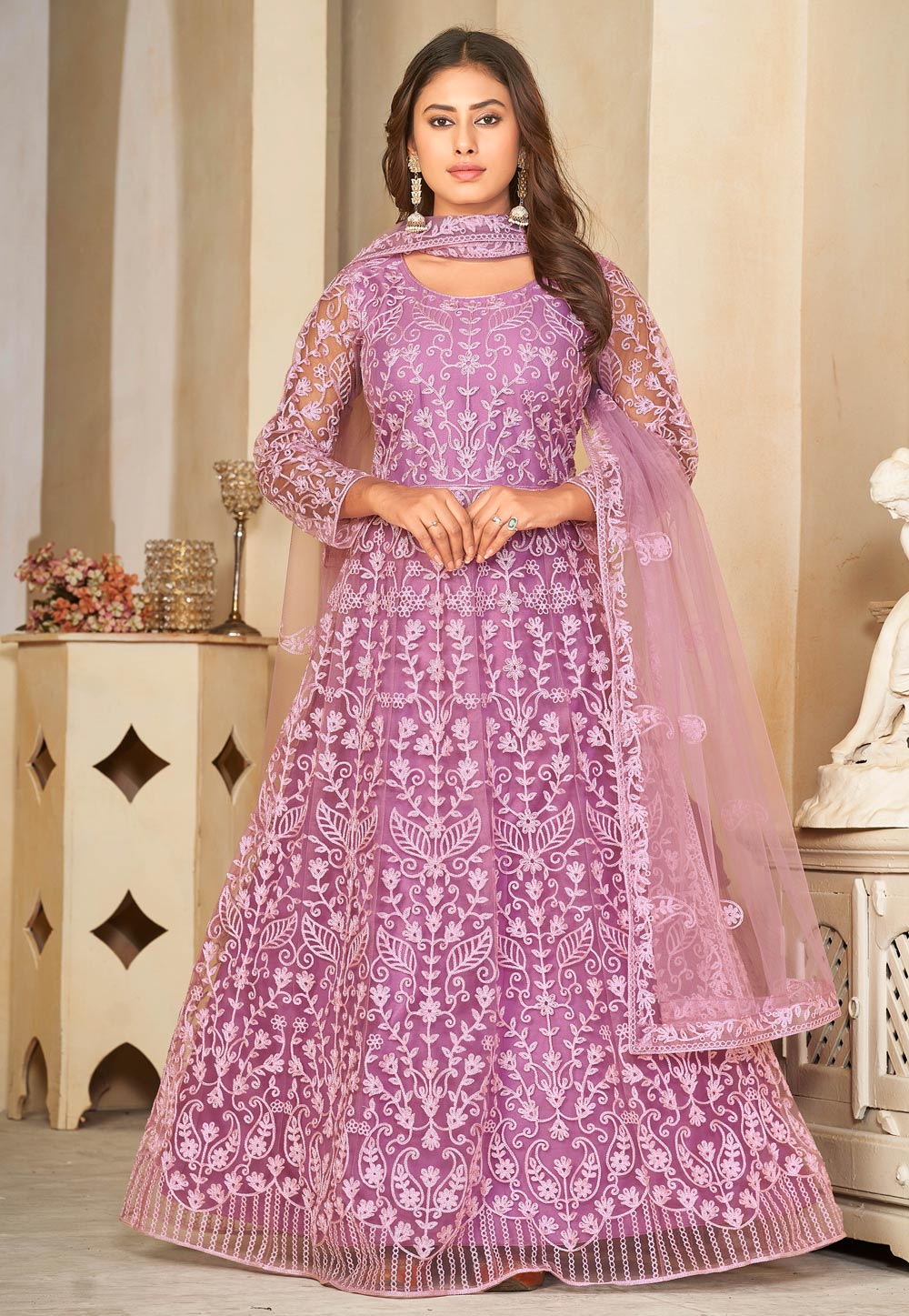 Light Purple Net Embroidered Long Anarkali Suit 287085