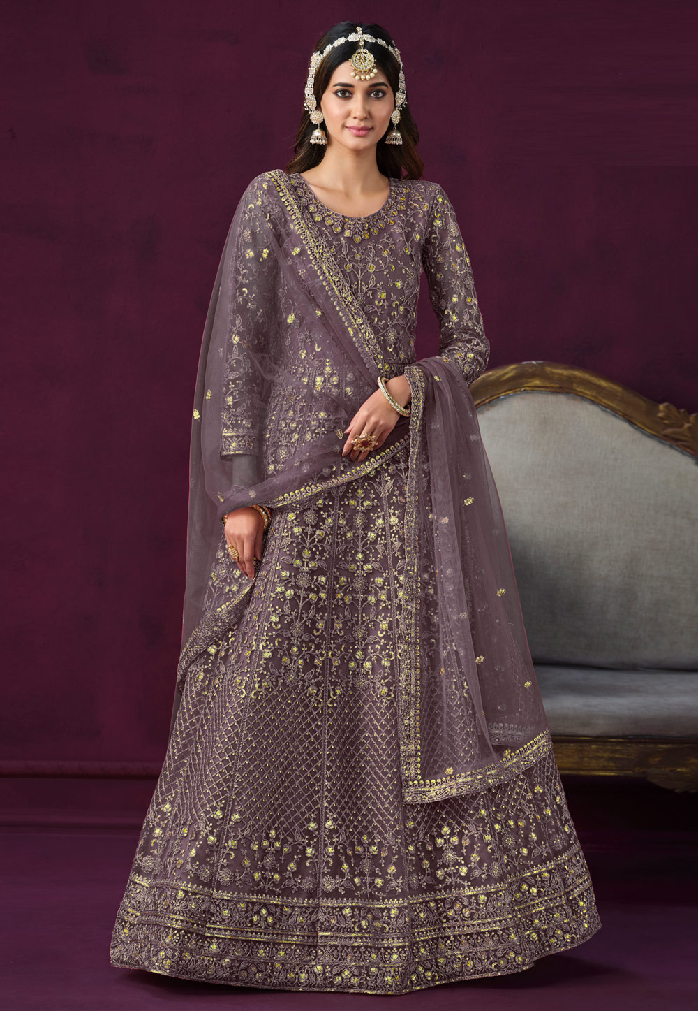 Light Purple Net Embroidered Long Anarkali Suit 278861