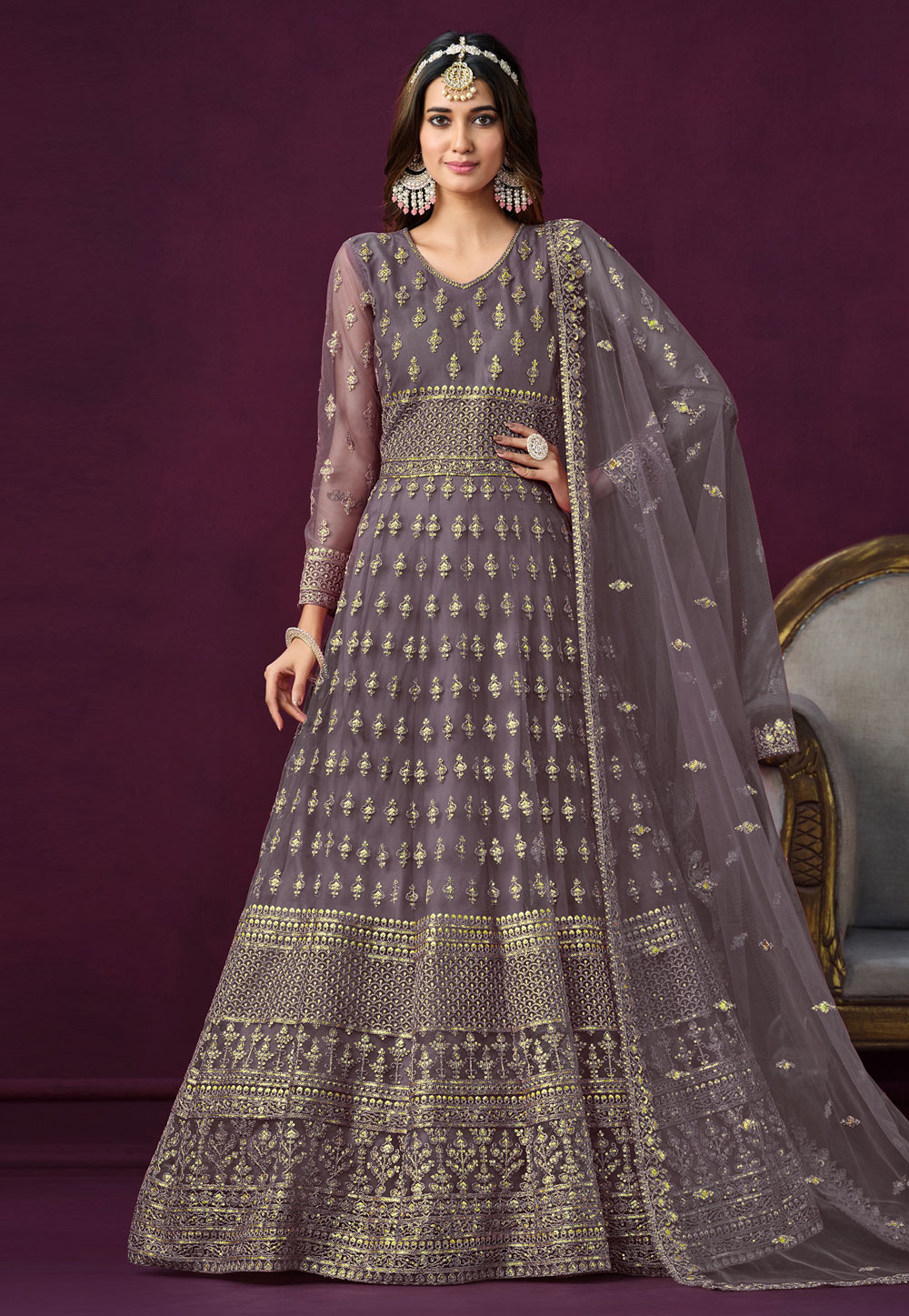 Light Purple Net Embroidered Long Anarkali Suit 280043
