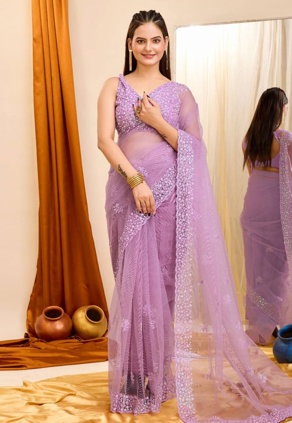 Light Purple Net Saree With Blouse 285220