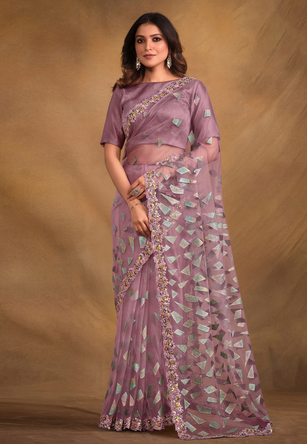 Light Purple Net Saree With Blouse 287040