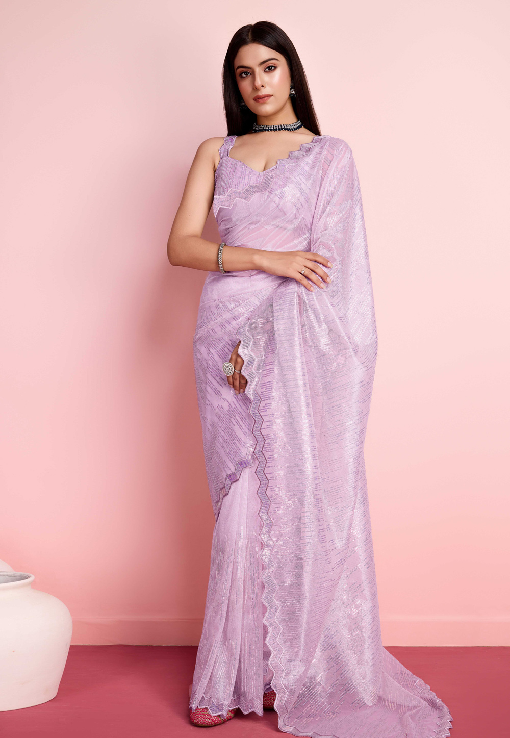 Light Purple Net Sequence Saree 287164