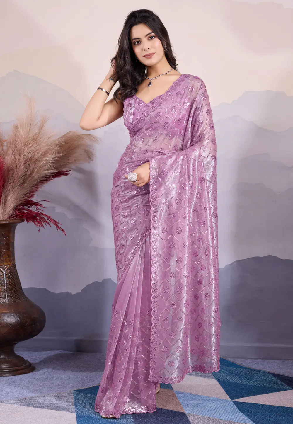 Light Purple Net Sequence Saree 295500