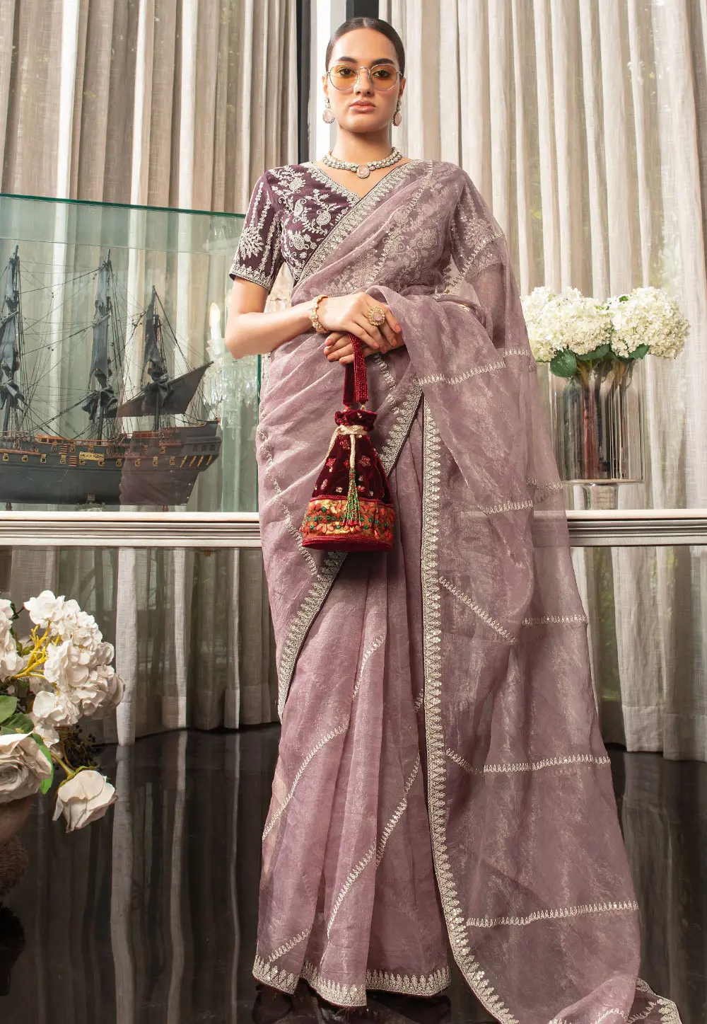 Light Purple Organza Saree With Blouse 301304