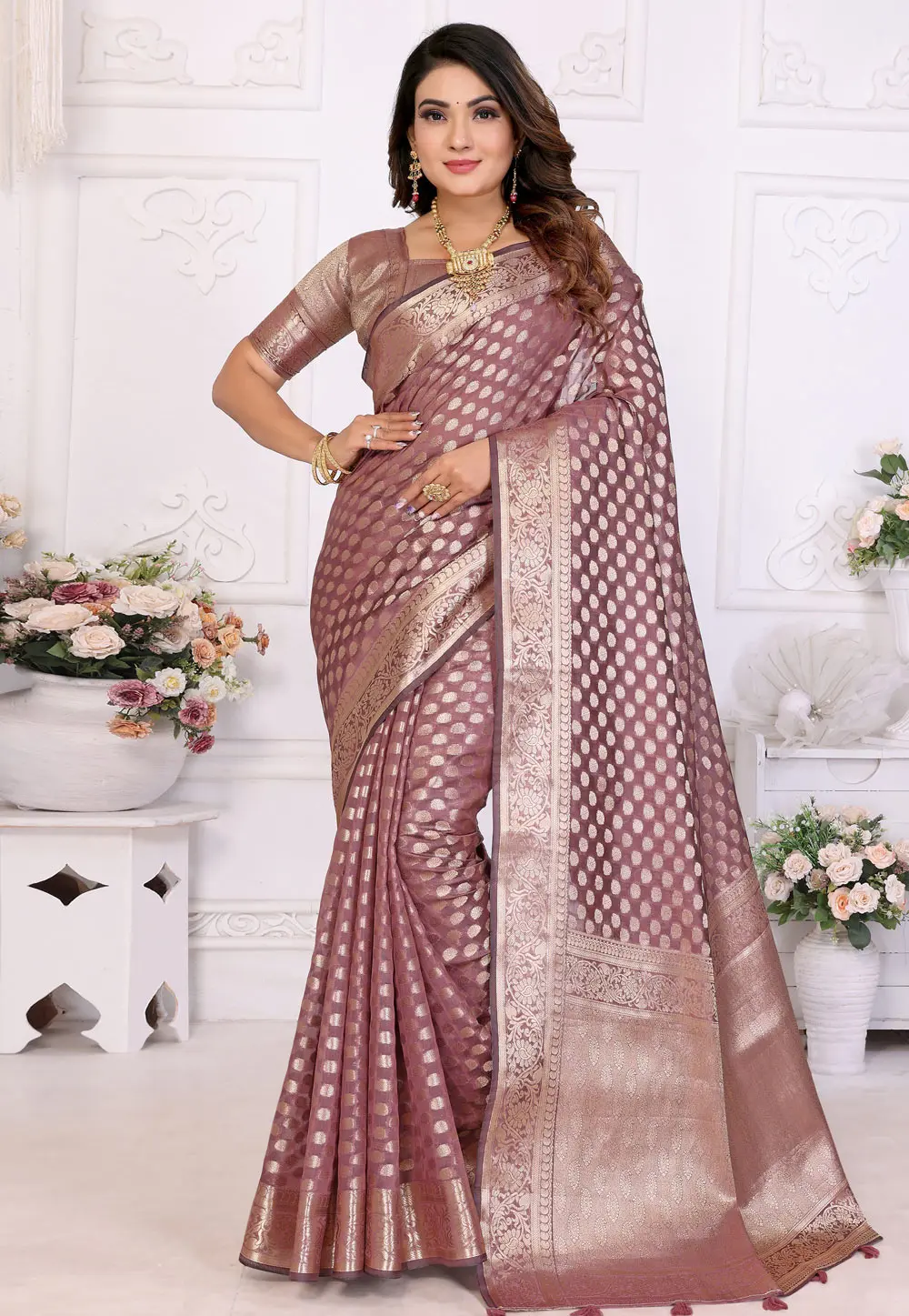 Light Purple Organza Saree With Blouse 304127