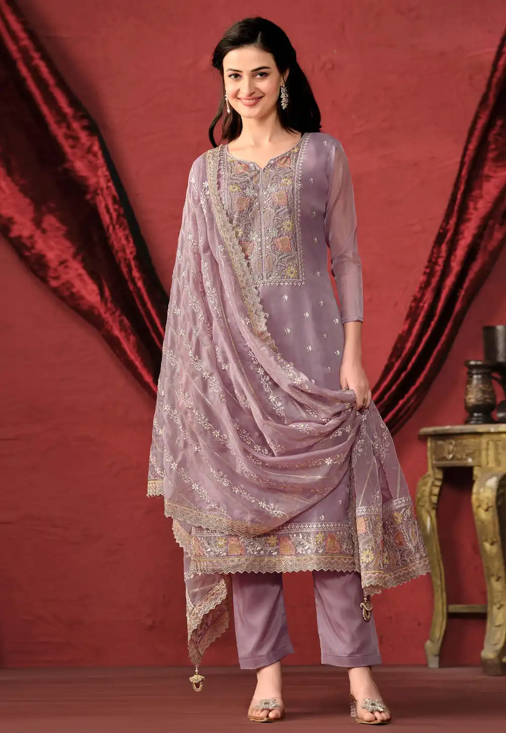 Light Purple Organza Straight Suit 290967