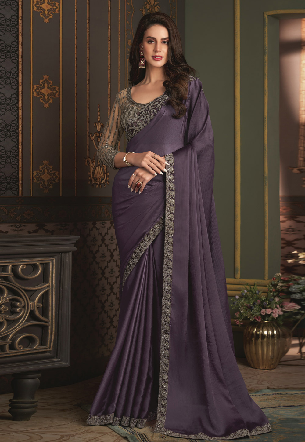 Light Purple Satin Silk Saree With Blouse 281268