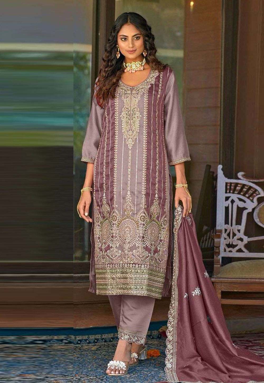Light Purple Silk Embroidered Pant Style Suit 286633
