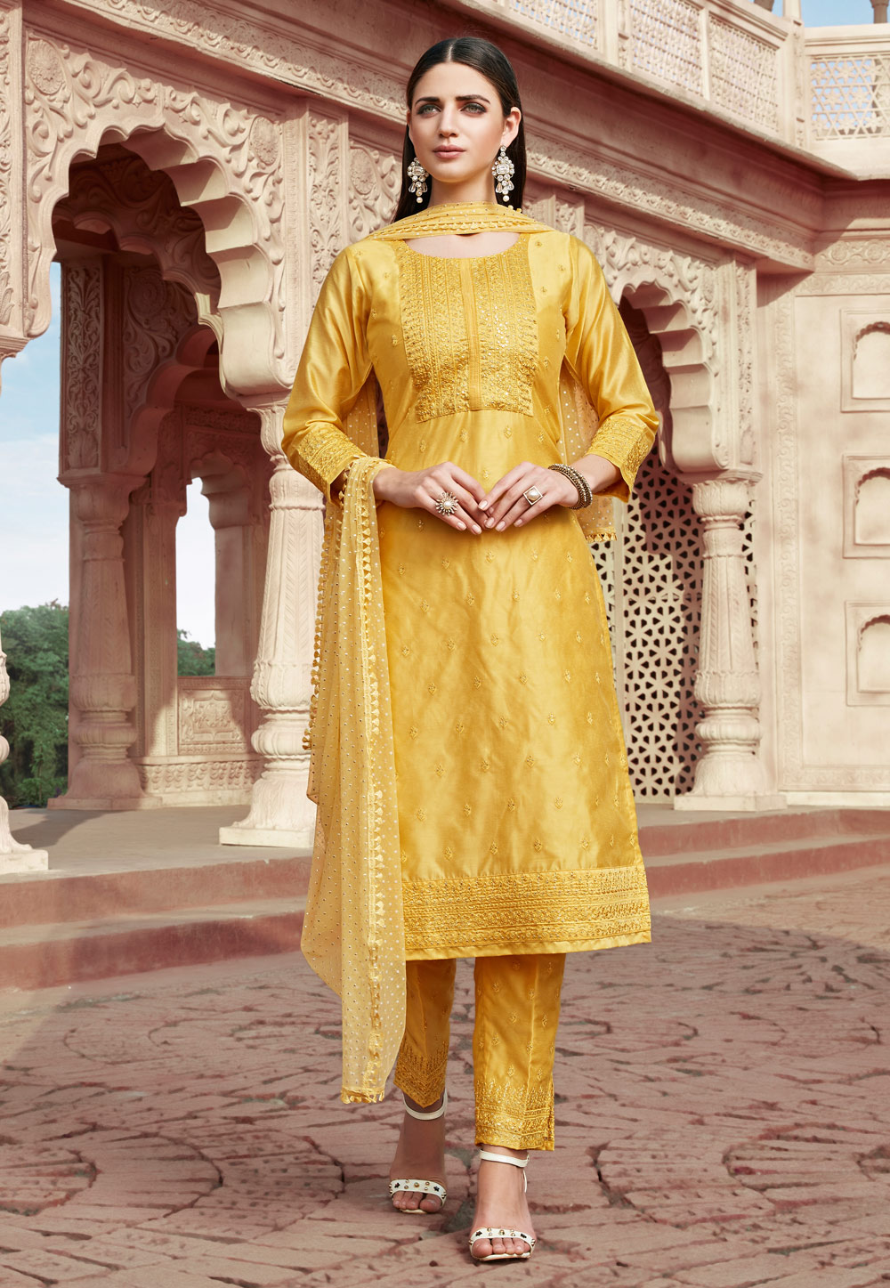 Yellow Chanderi Readymade Pant Style Suit 197286