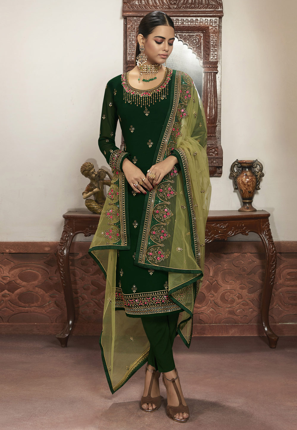 Green Net Pant Style Suit 216378