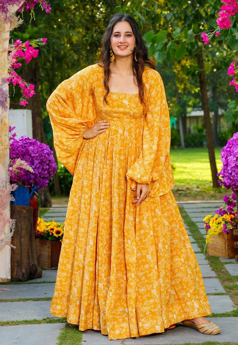 Yellow Georgette Printed Gown 275995