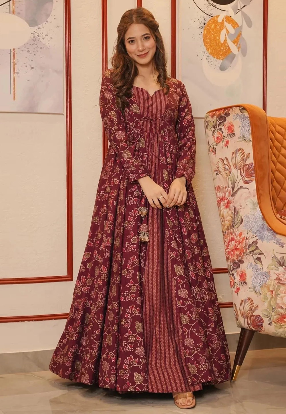 Maroon Muslin Gown With Jacket 277740