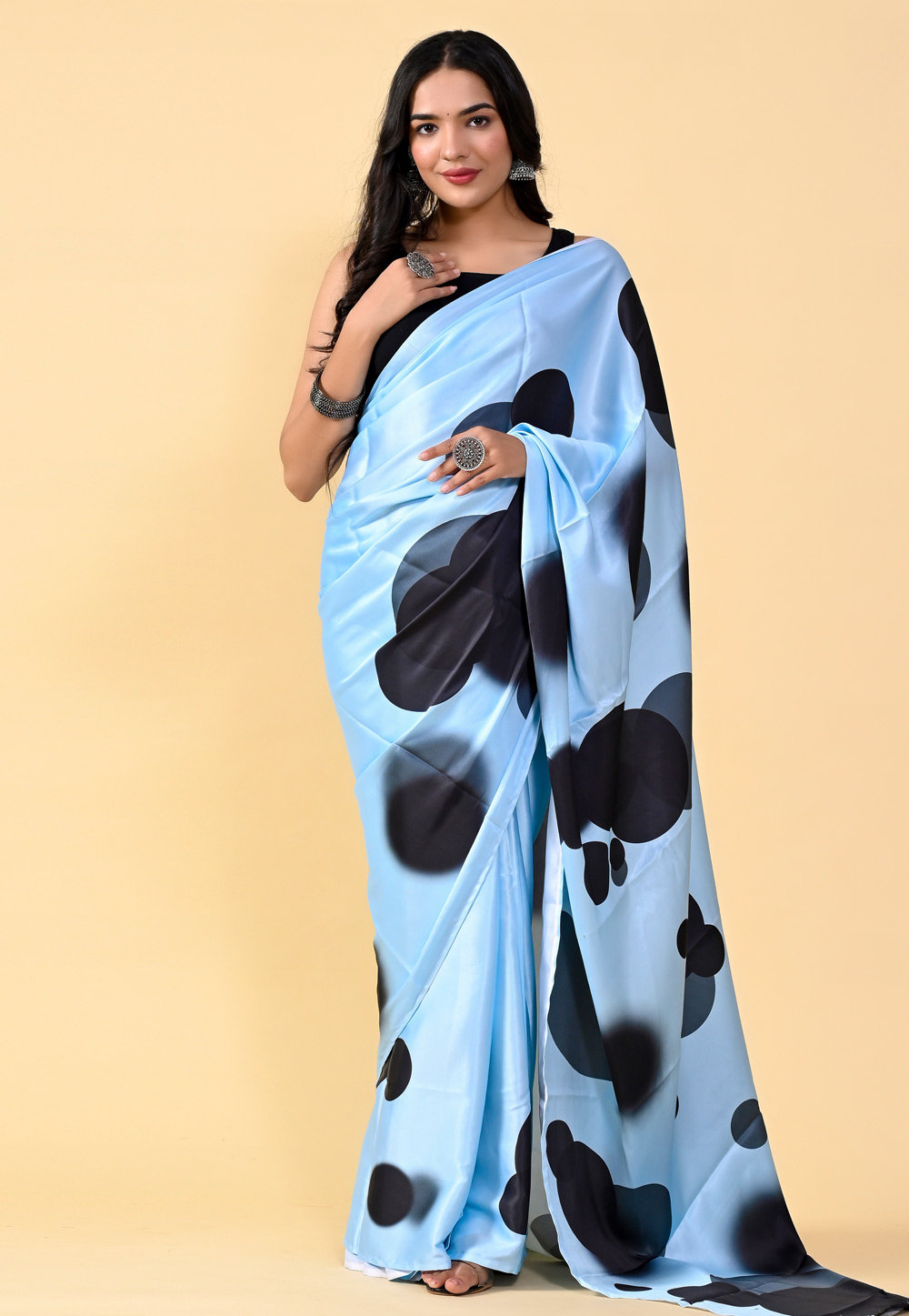 Sky Blue Satin Silk Saree With Blouse 264439