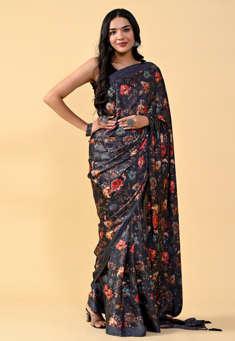 Black Satin Silk Saree With Blouse 264442