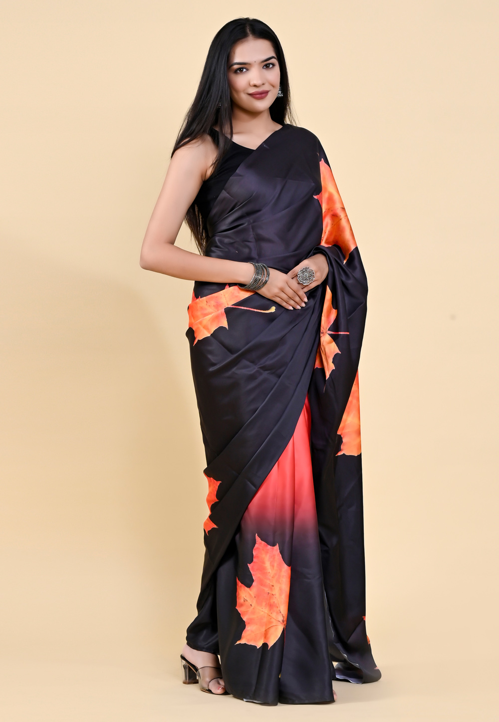 Black Satin Silk Saree With Blouse 264444