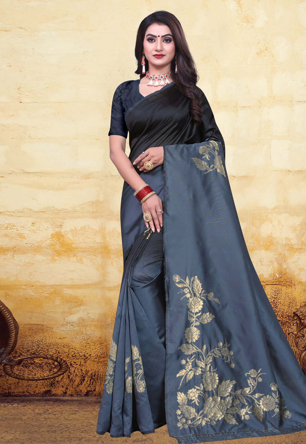 Grey Banarasi Silk Saree With Blouse 200680