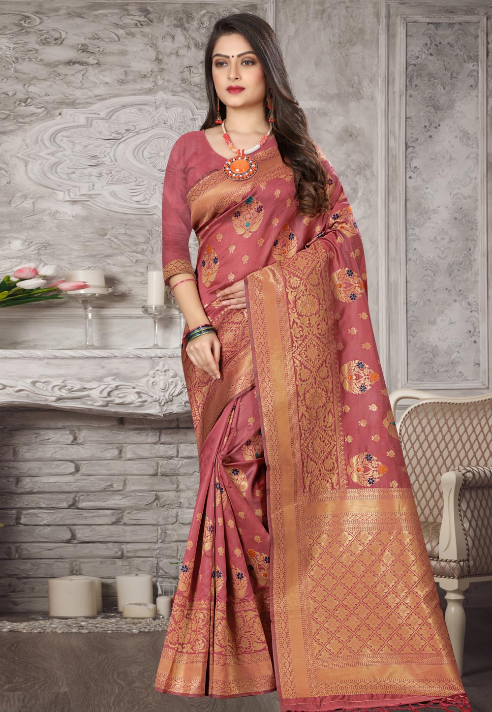 Pink Banarasi Silk Festival Wear Saree 214196