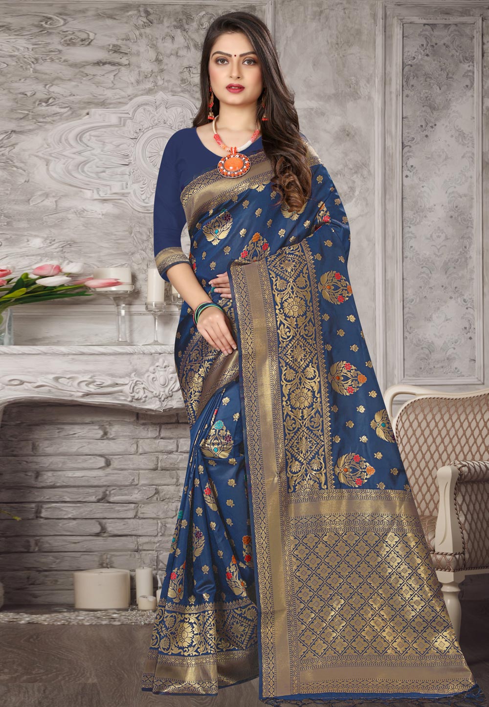 Blue Banarasi Silk Saree With Blouse 214197