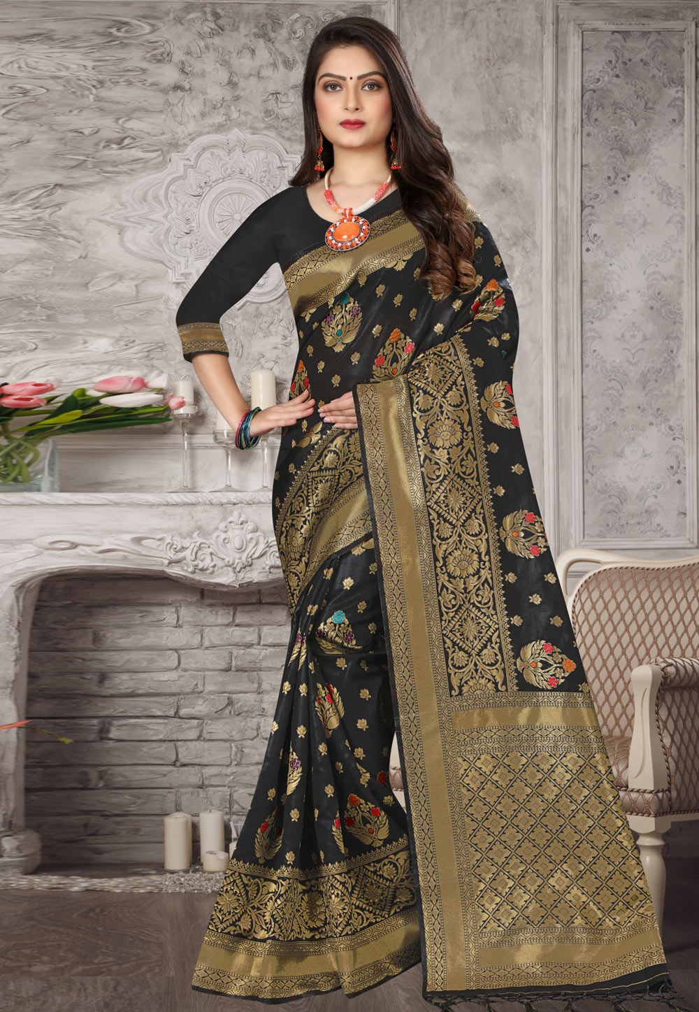 Black Banarasi Silk Saree With Blouse 214199