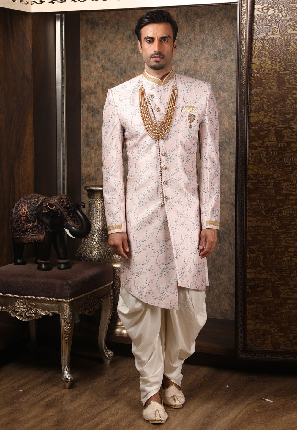Light Pink Art Silk Readymade Indo Western Sherwani 211425