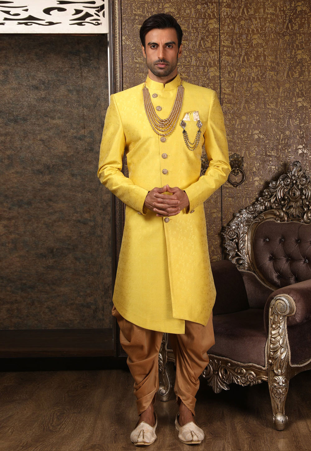 Yellow Art Silk Readymade Indo Western Sherwani 211429