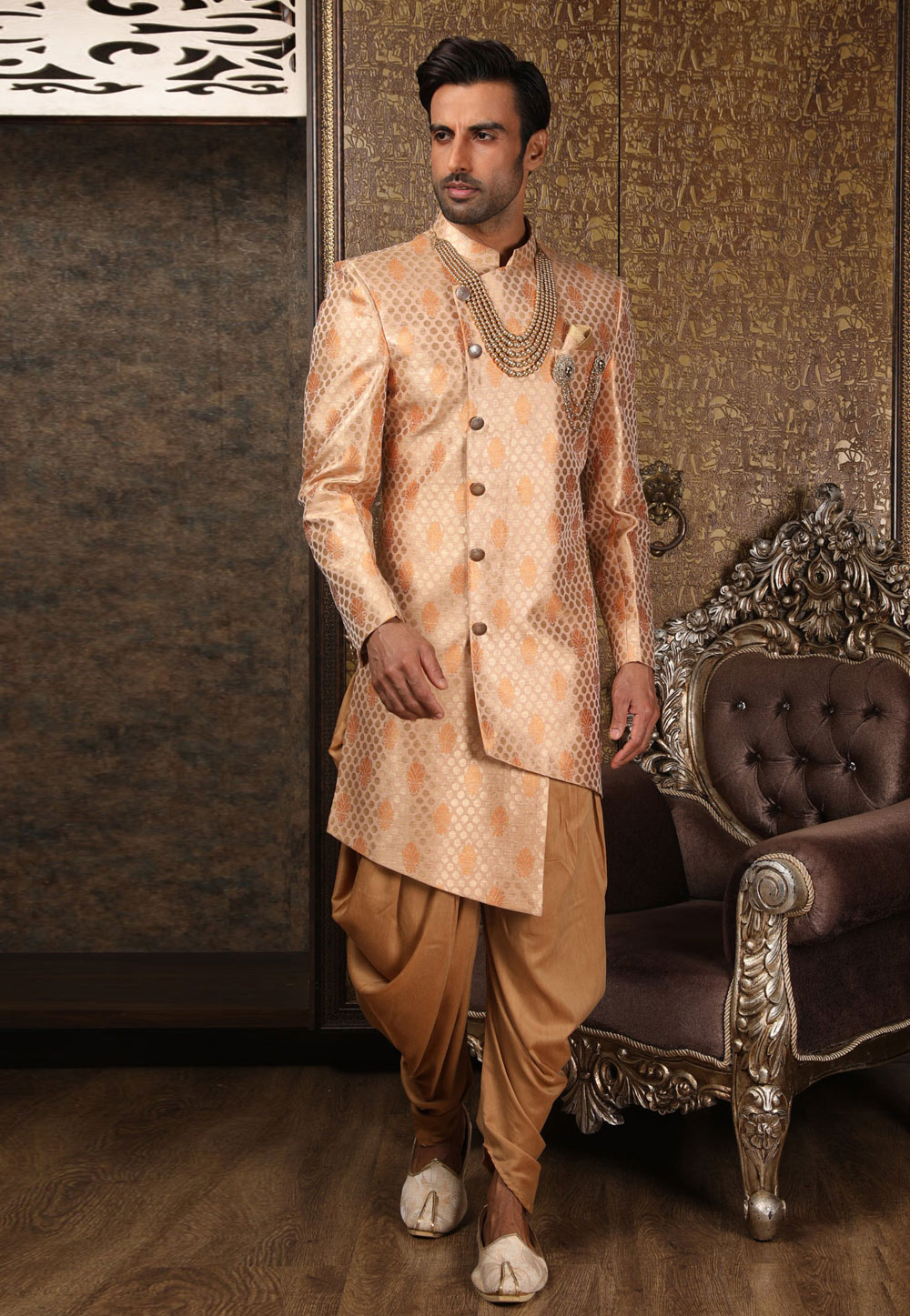 Peach Banarasi Silk Readymade Dhoti Sherwani 211431