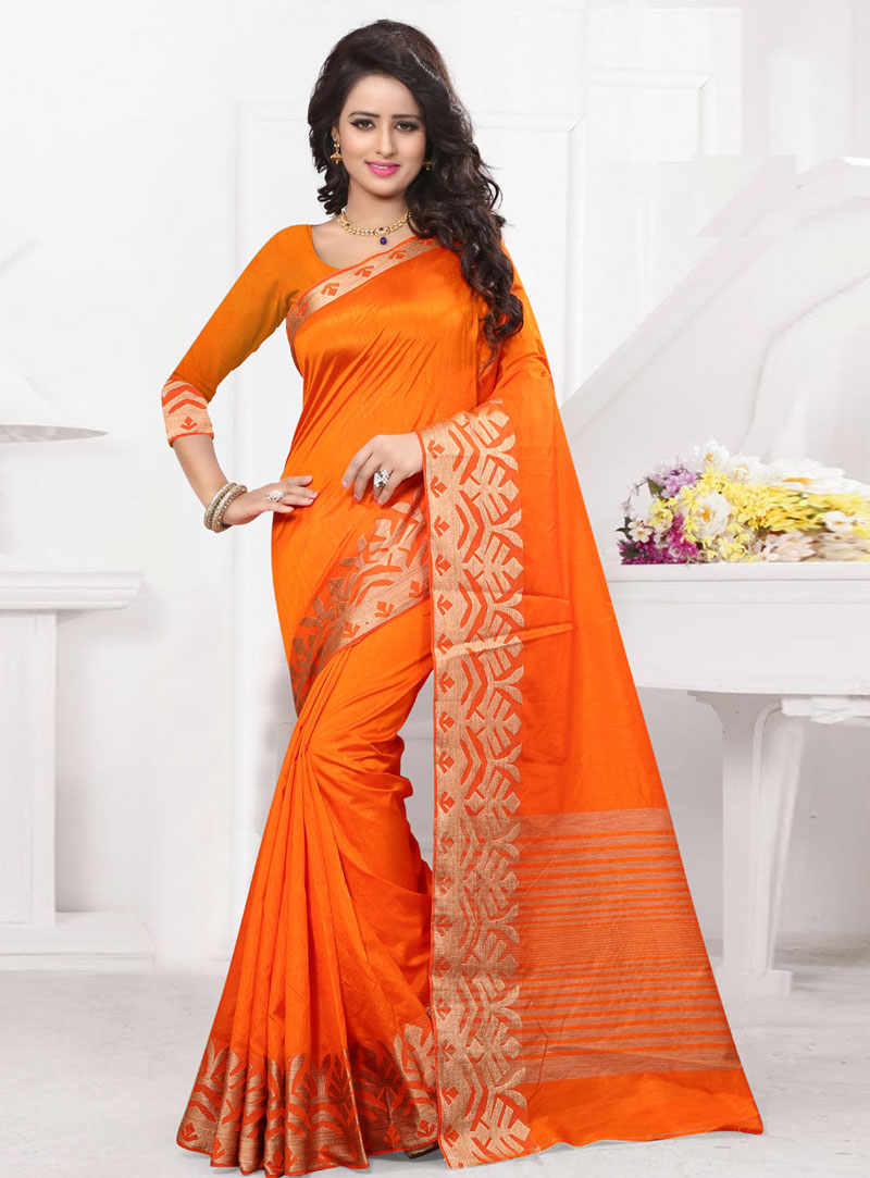 Orange Banarasi Silk Saree With Blouse 75010