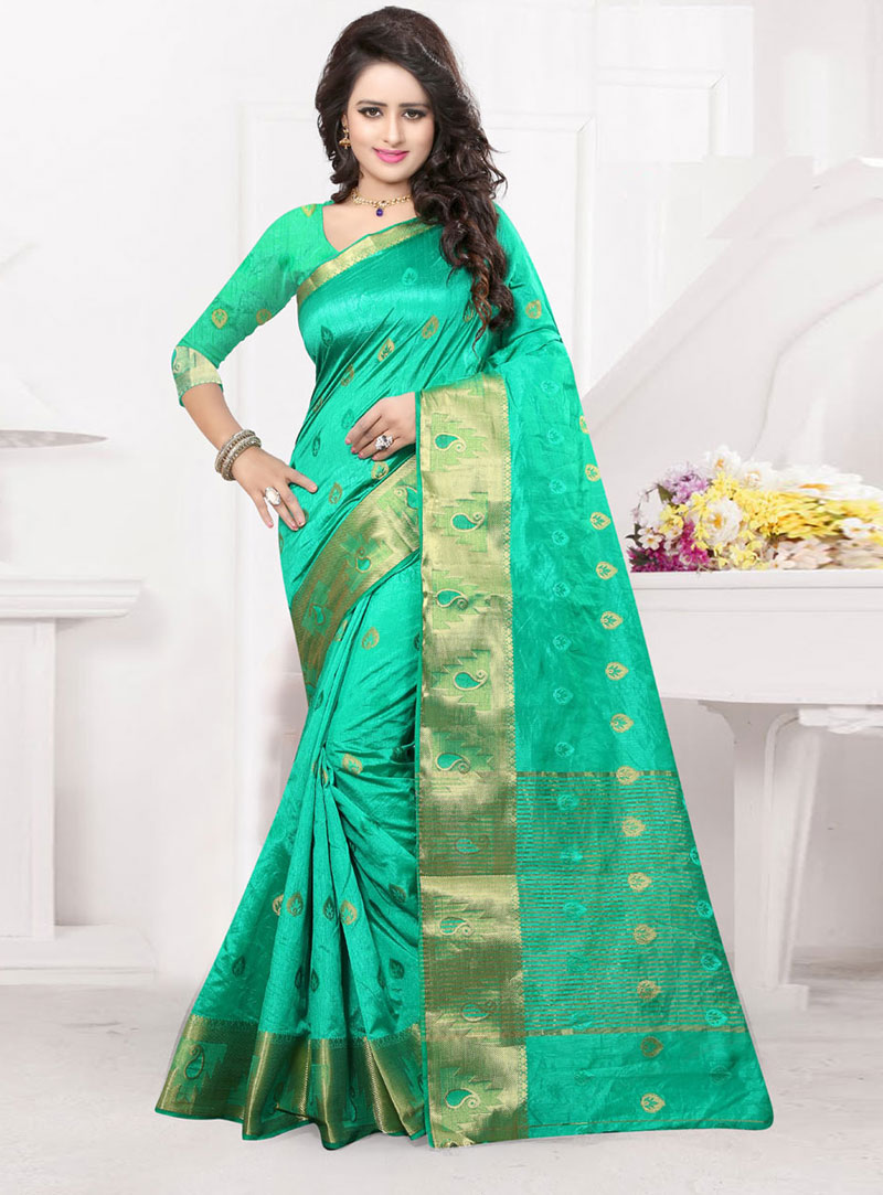 Sea Green Banarasi Silk Saree With Blouse 75012