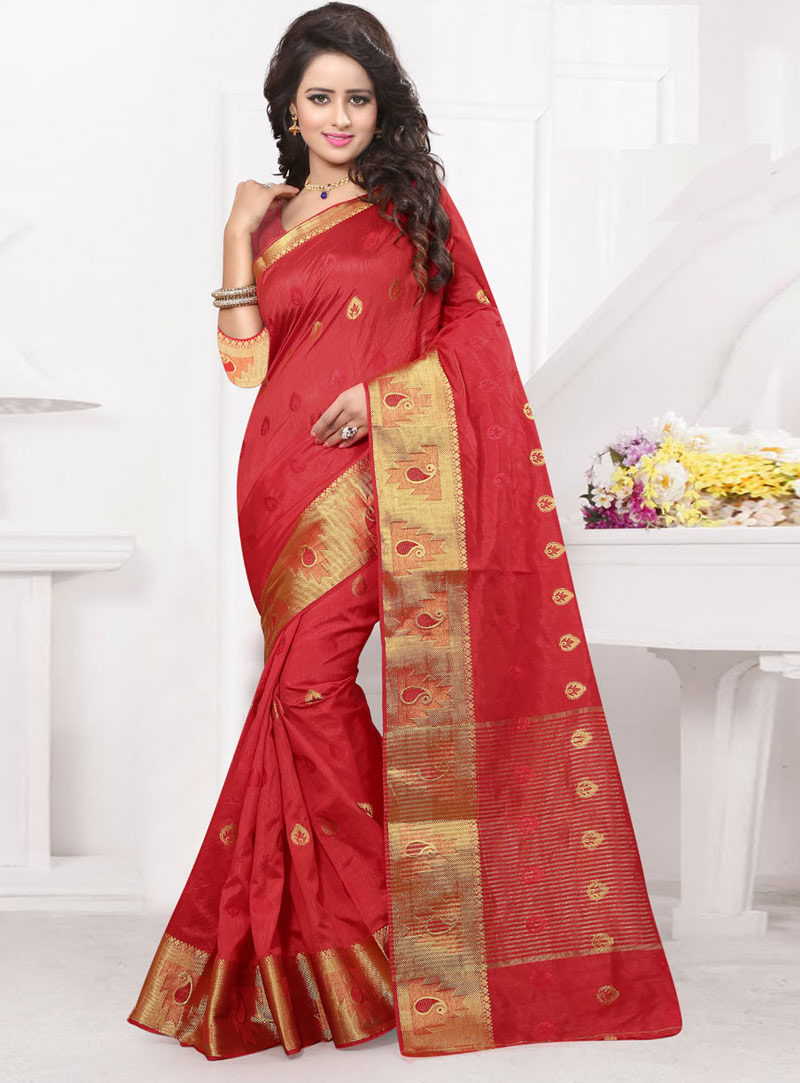Red Banarasi Silk Saree With Blouse 75013