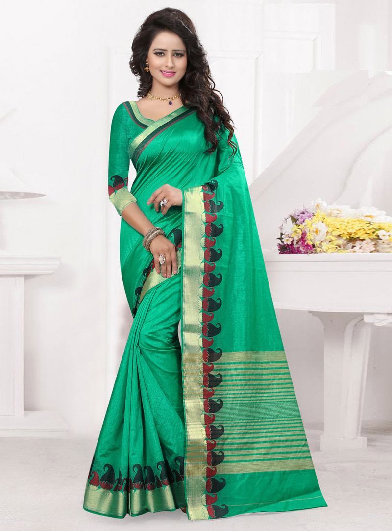 Green Banarasi Silk Saree With Blouse 75016