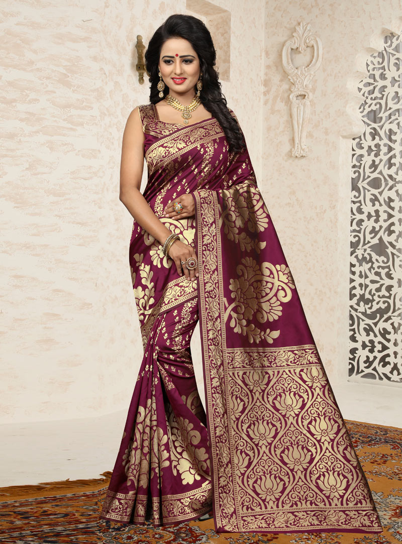 Purple Banarasi Silk Saree With Blouse 129574