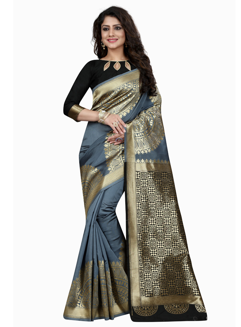 Grey Banarasi Silk Saree With Blouse 137191