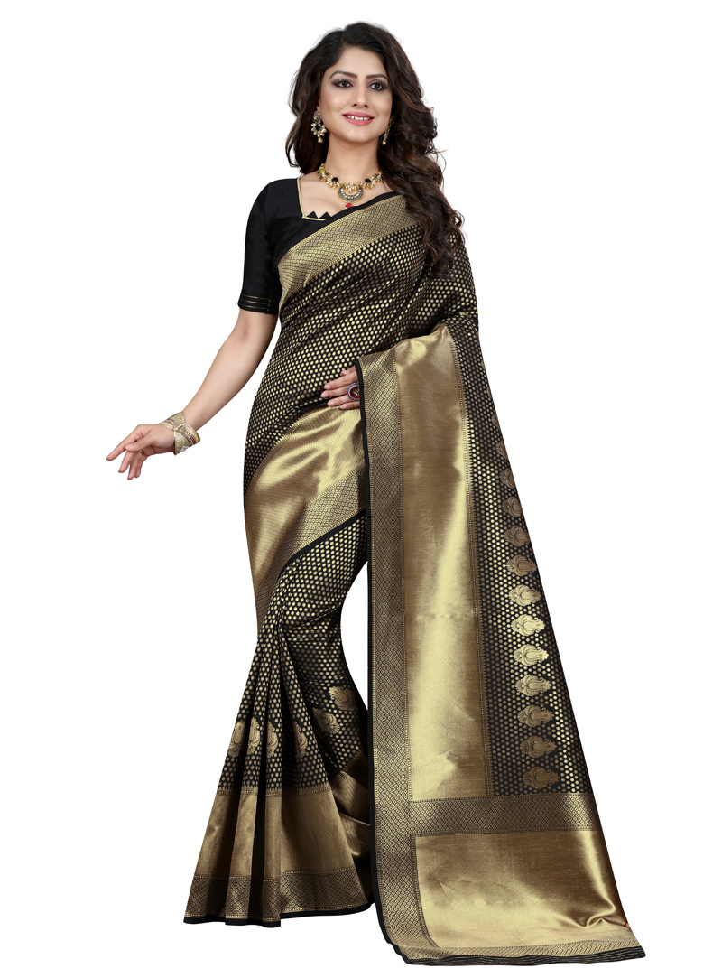 Black Banarasi Silk Saree With Blouse 137195