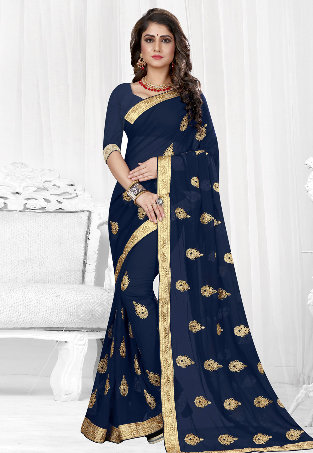 Navy Blue Georgette Saree With Blouse 154205