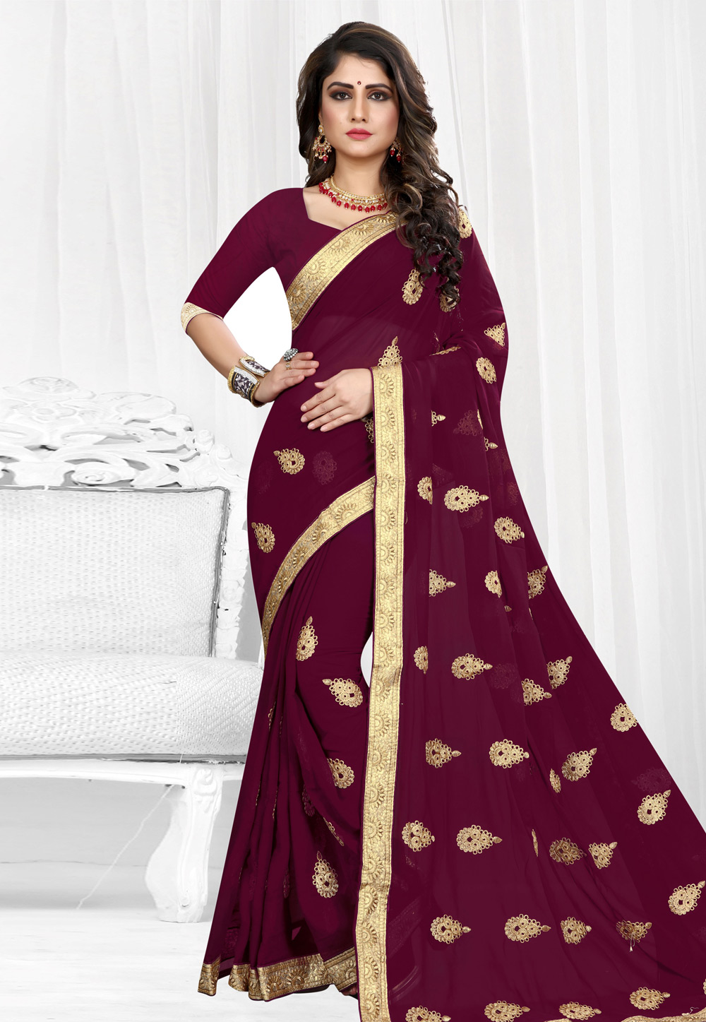 Wine Georgette Saree With Blouse 154206