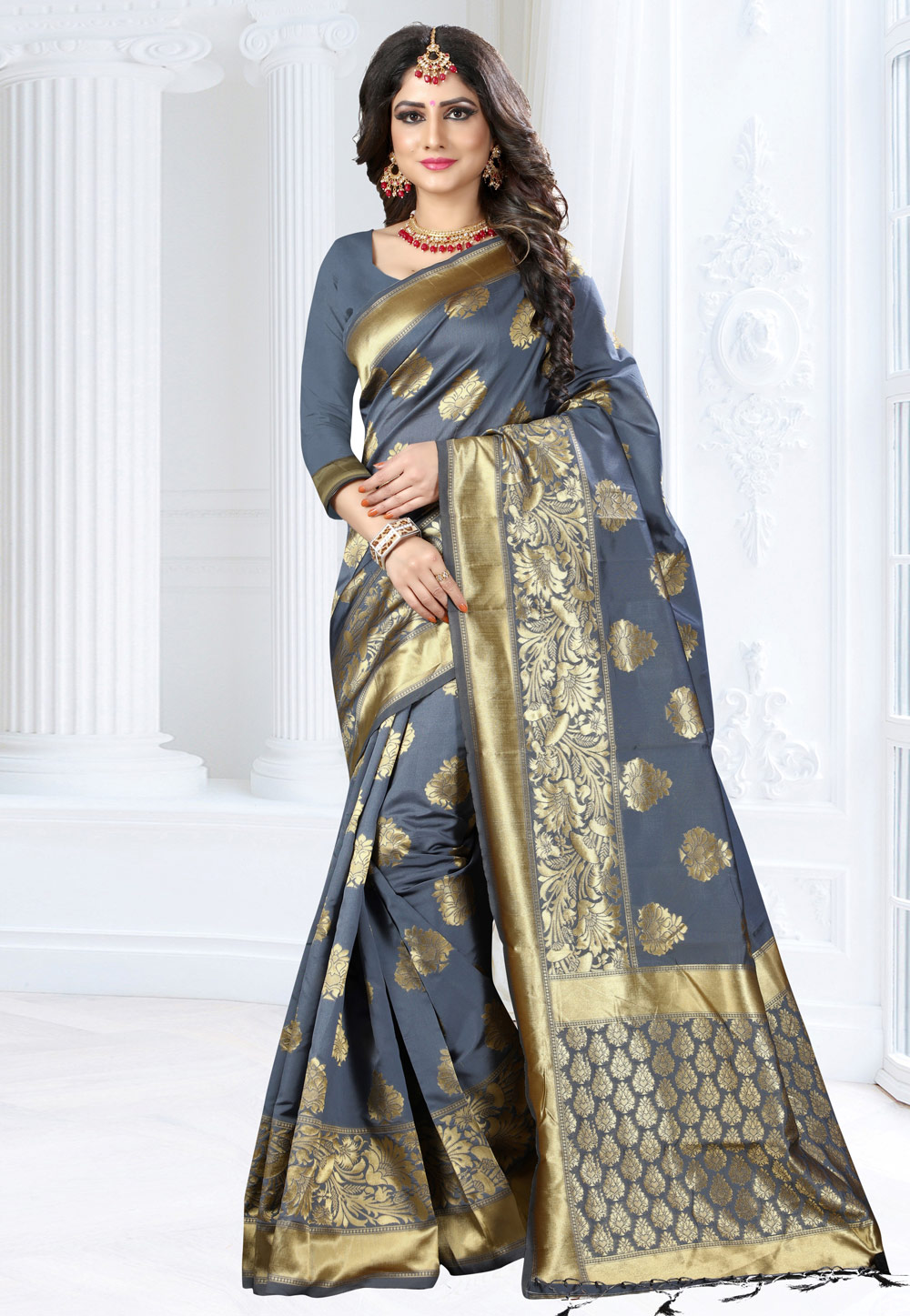 Grey Banarasi Silk Festival Wear Saree 155345
