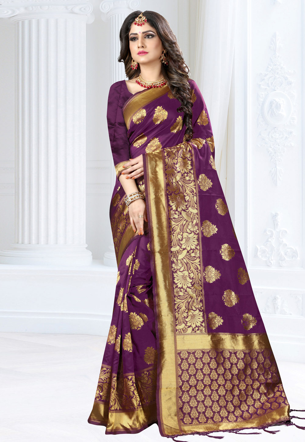 Purple Banarasi Silk Saree With Blouse 155346