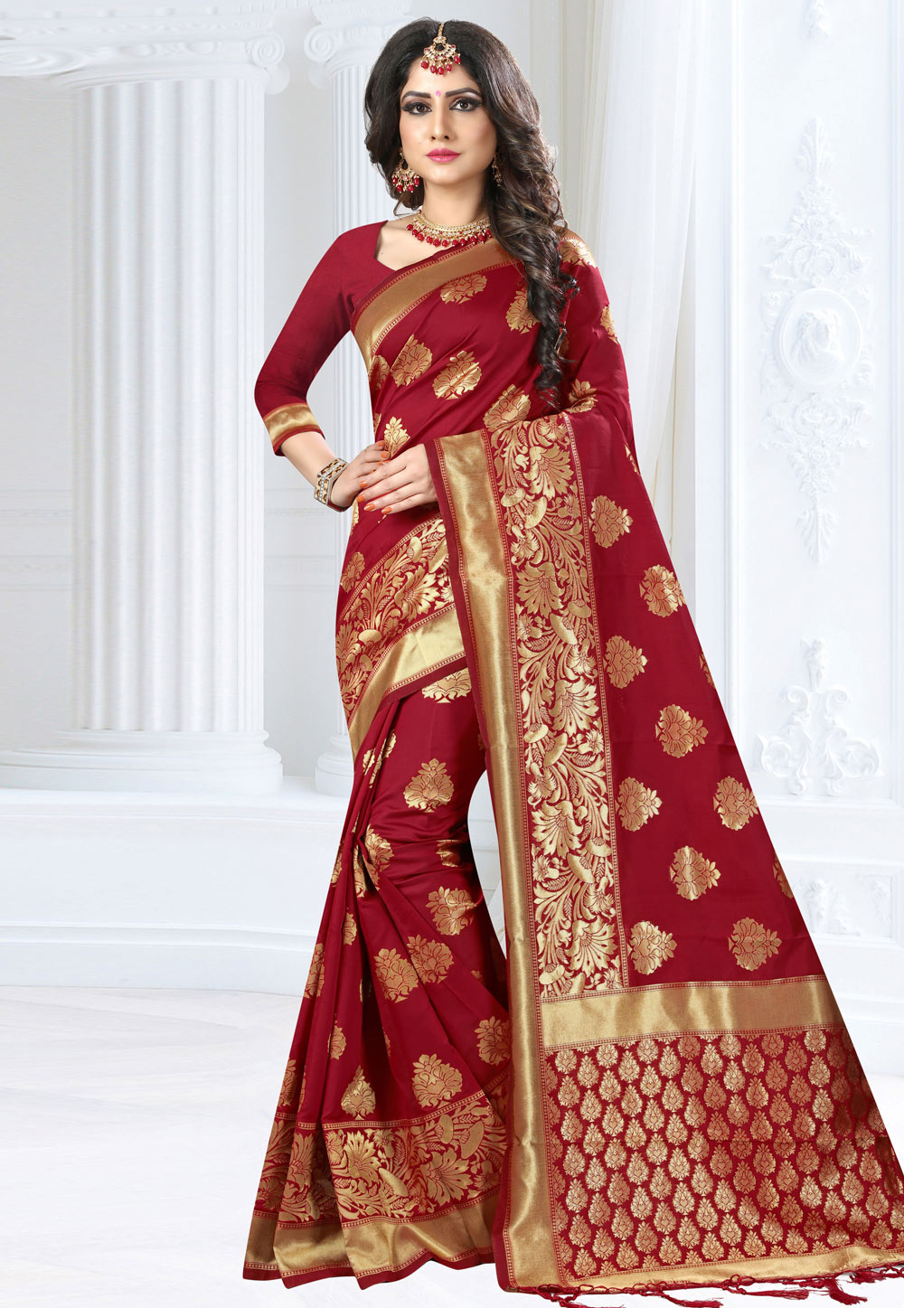 Red Banarasi Silk Festival Wear Saree 155347