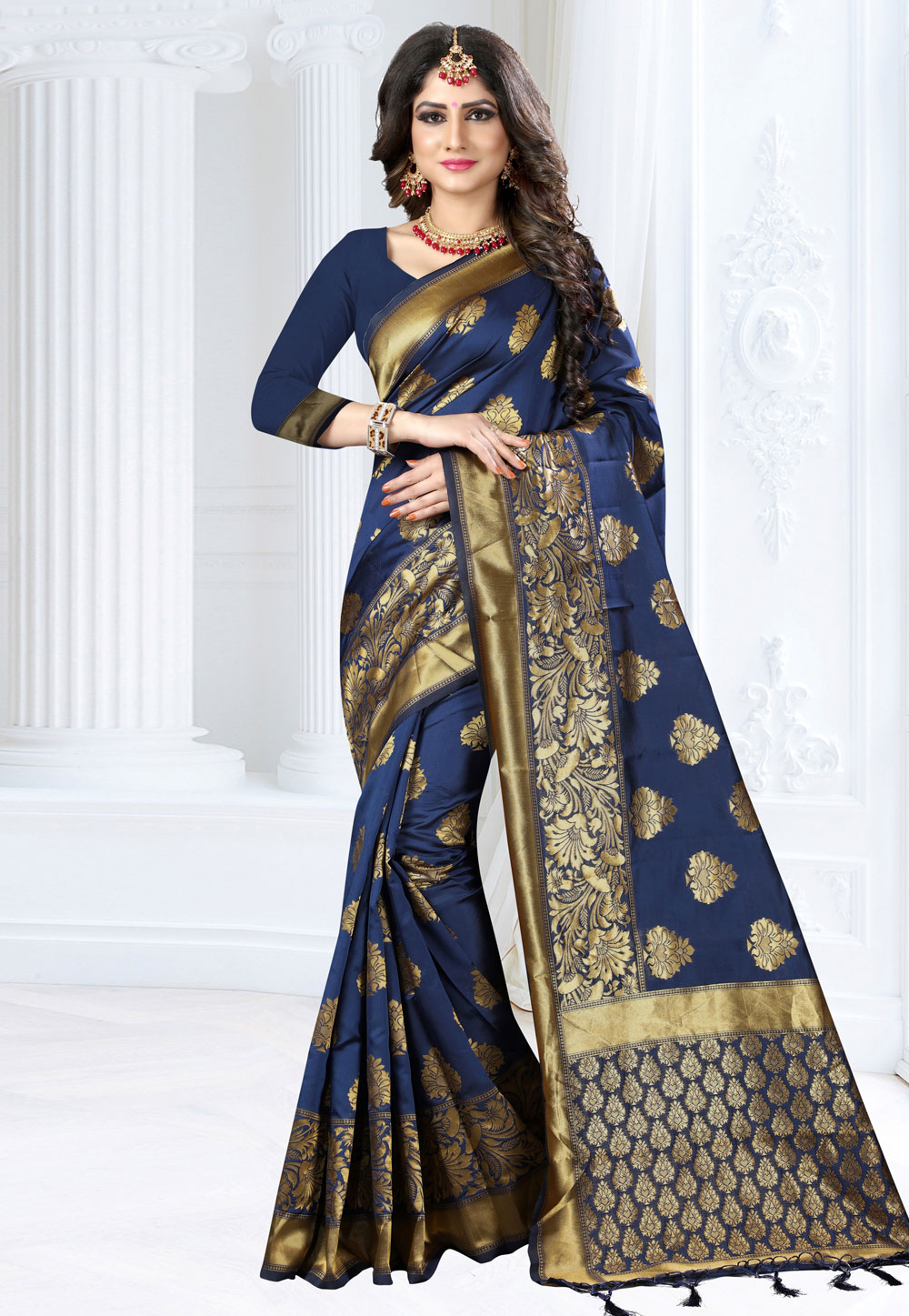 Navy Blue Banarasi Silk Saree With Blouse 155348