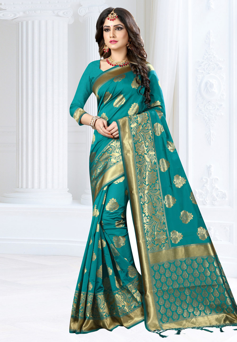 Teal Blue Banarasi Silk Saree With Blouse 155350