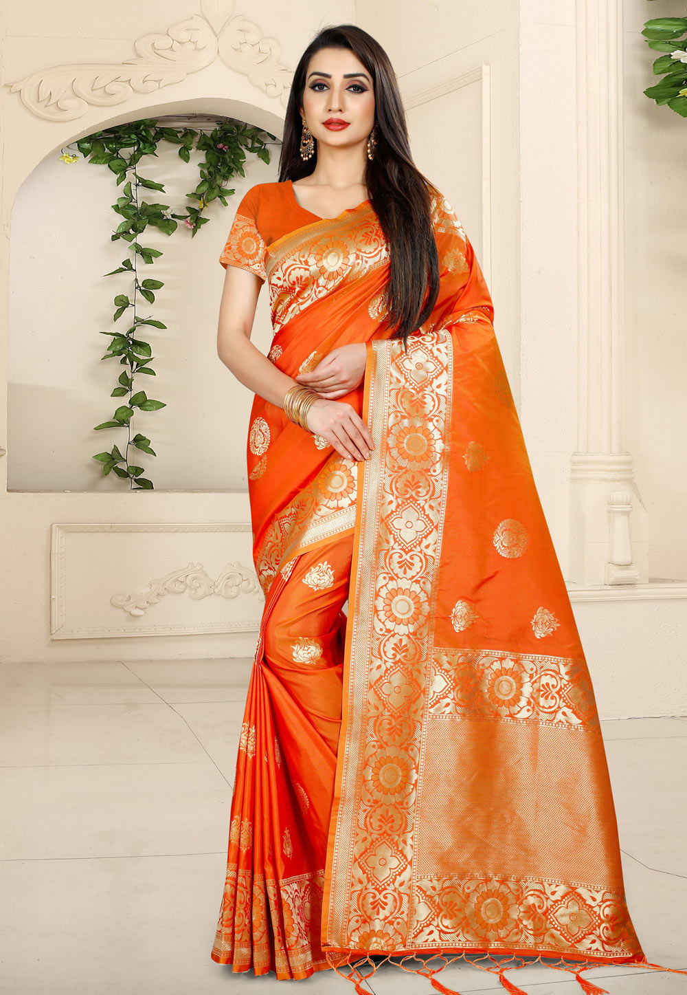 Orange Banarasi Silk Festival Wear Saree 166948