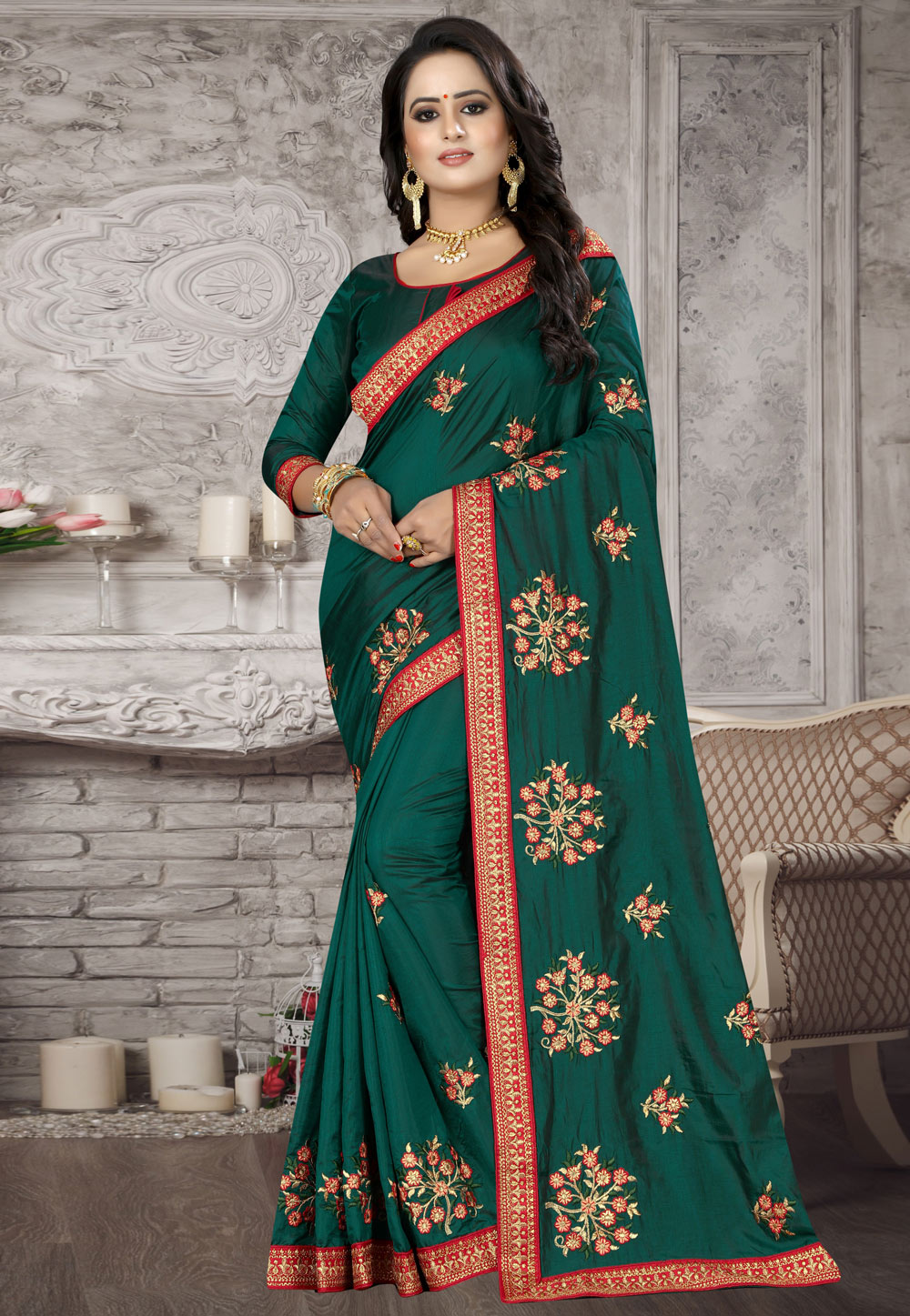 Dark Green Silk Embroidered Saree With Blouse 185809