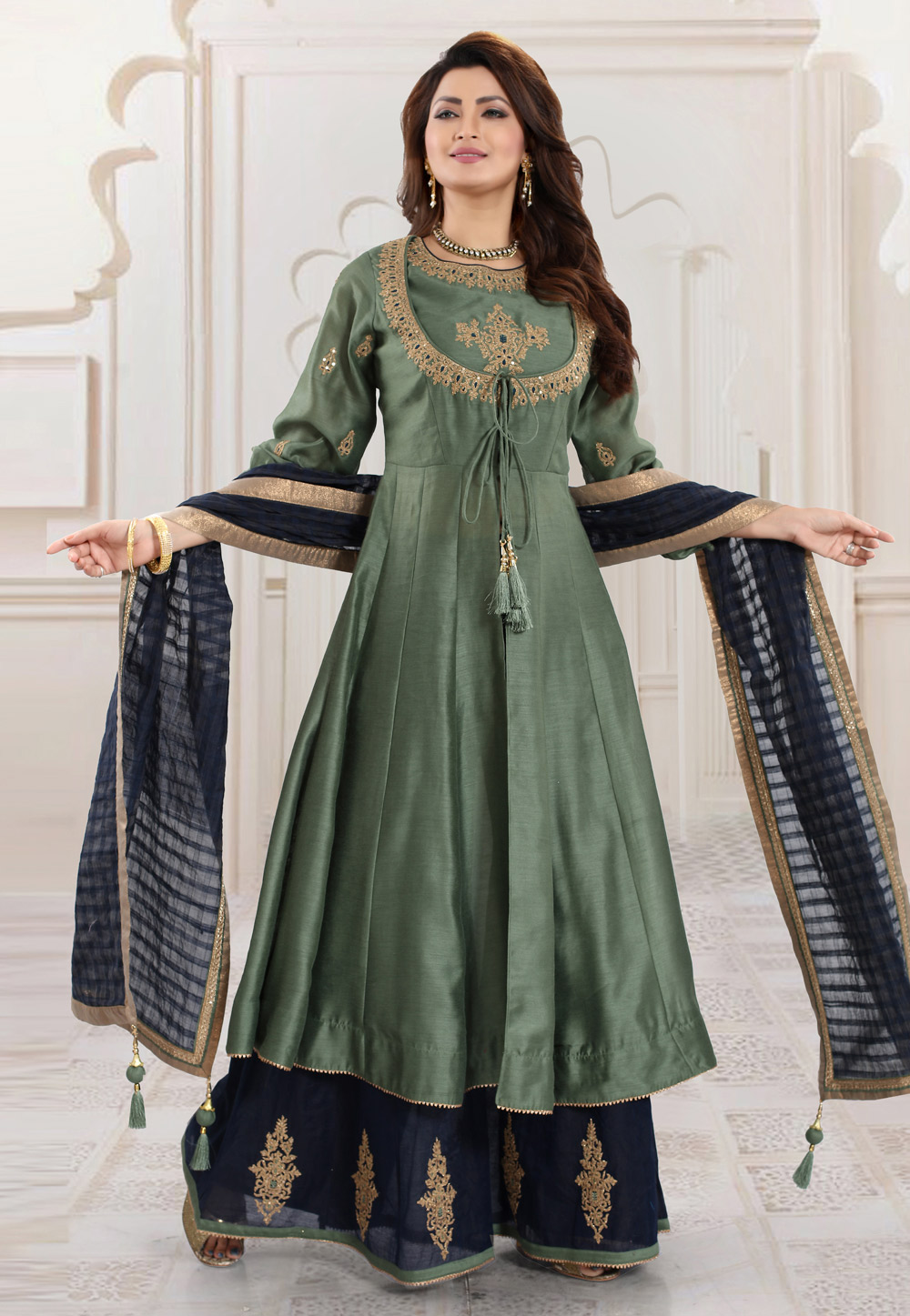 Olive Green Chanderi Readymade Kameez With Palazzo 185594