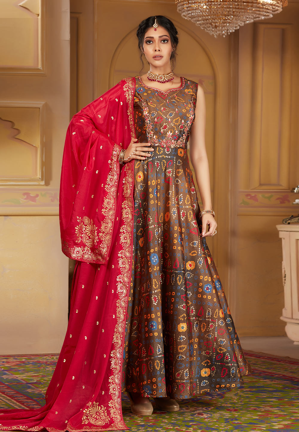 Brown Silk Readymade Ankle Length Anarkali Suit 211300
