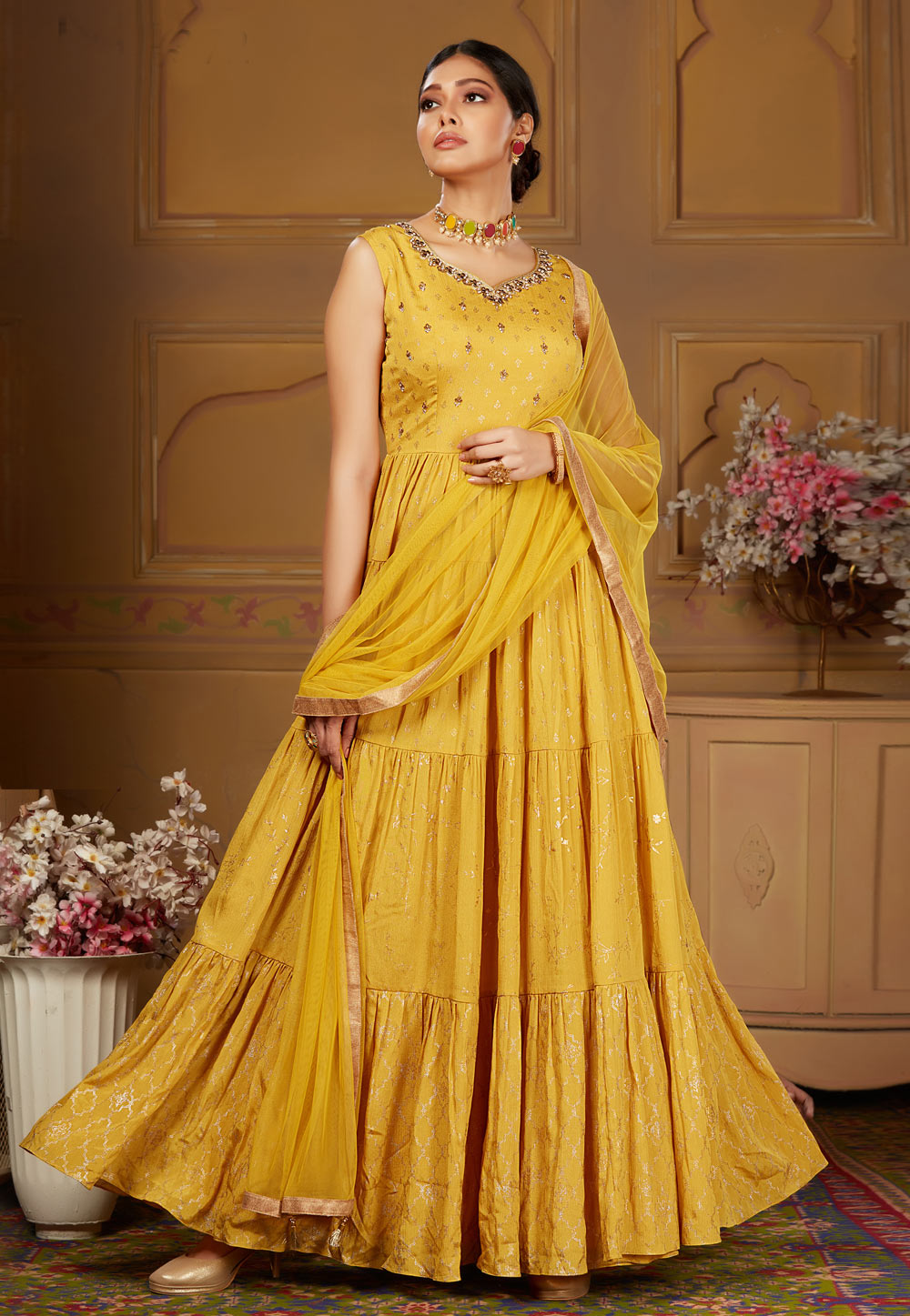 Yellow Chinon Readymade Ankle Length Anarkali Suit 211303