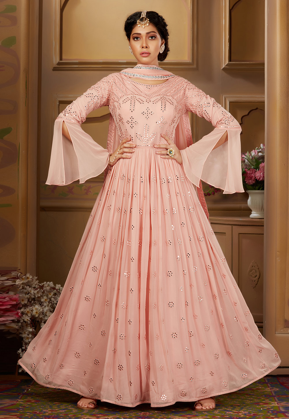 Peach Viscose Georgette Readymade Ankle Length Anarkali Suit 211304